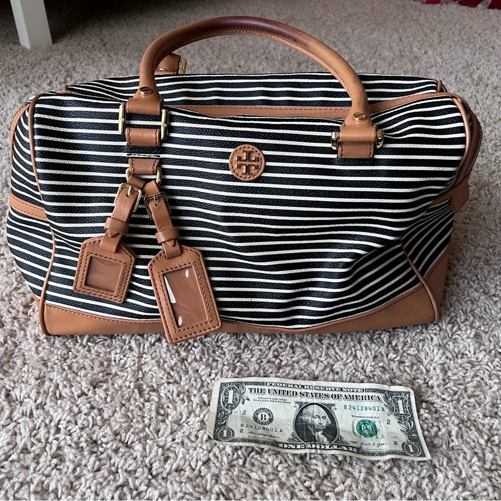 Tory Burch Navy and White Striped Bag.